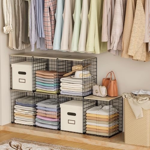 3-Pack Taller Closet Organizers and Storage with Wood Top, Stackable Wire Storage Bins for Clothes, Bags, Towels, Double Storage Design, Sturdy Metal Cube Shelf Organizer for Closet Wardrobe, Black - color: Black, size: 3Pack-12"L x 12"W x 15.74"H