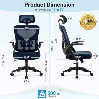 Office Chair Ergonomic Desk Chair with Adjustable Headrest Lumbar Support, High Back Breathable Mesh Chair with 120° Tilt & Flip-Up Armrests, Swivel Comfy Task Computer Chair for Work, Study - color: Navy