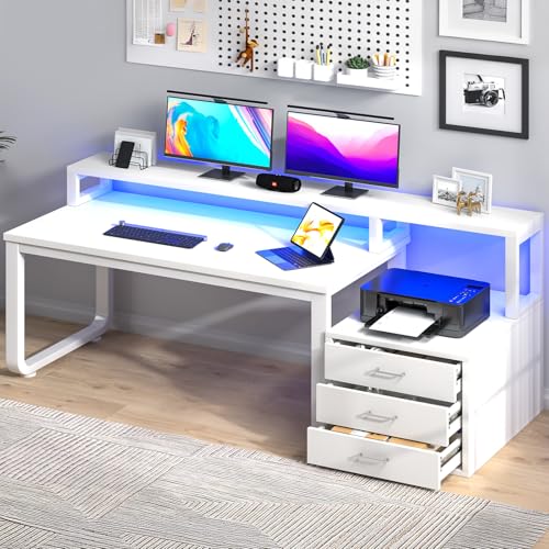 MaverickFurni 67" White Office Desk with 3 Drawers and LED Lights | Reversible Computer Desk with Monitor Stand and Printer Shelf, Home Office Desk with Storage for Work Writing Study - color: White