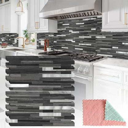 StyloVue 20 Sheets Peel and Stick Tile Backsplash, Black with Metal Gold Look Stick on Tile Upgrade Your Kitchen Backsplash, RV, Fireplace - color: Black Grey Wood With Metal Silver