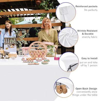Nasitos 2 Pack White 6 ft Table Cloth Fitted-Open Back Spandex Table Covers Fabric Washable and Wrinkle Resistant Stretch Tablecloth for Parties, Wedding, Banquet, Jewelry Trade Show, Craft Fair - color: White, size: 6FT