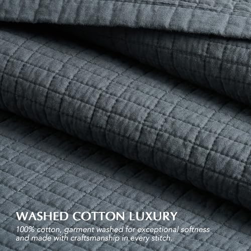 100% Cotton Modern Grid Stitch Quilt Set Queen Size Midnight Blue | Pre-Washed Cotton Coverlet Bedspread, Oversized Lightweight 3-Piece Bedding Set for All Season, with 2 Pillow Shams - color: Midnight Blue, size: Full/Queen (96" X 94")