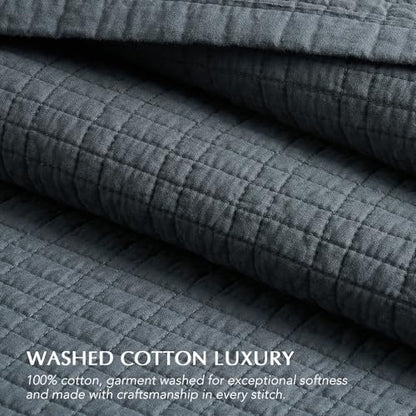100% Cotton Modern Grid Stitch Quilt Set Queen Size Midnight Blue | Pre-Washed Cotton Coverlet Bedspread, Oversized Lightweight 3-Piece Bedding Set for All Season, with 2 Pillow Shams - color: Midnight Blue, size: Full/Queen (96" X 94")