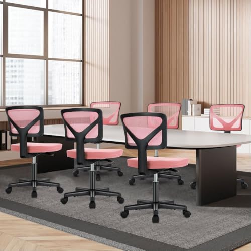 Armless Mesh Office Chair, Ergonomic Low Back Deskchair, Adjustable Rolling Task Computer Swivelchairs for Small Spaces Home Bedroom Study, Pink - color: Pink