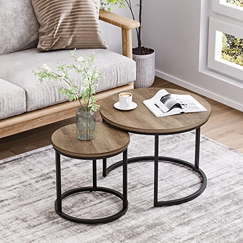 Smuxee Nesting Coffee Table Set of 2, 23.6" Round Coffee Table Wood Grain Top with Adjustable Non-Slip Feet, Industrial End Table Side Tables for Living Room Bedroom Balcony Yard - color: Oak, size: 23.6"W