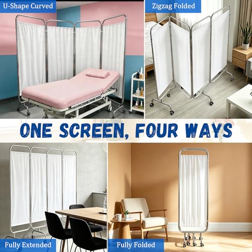 4-Panel Medical Privacy Screen, 79" W X 71" H Portable Room Divider with Lockable Wheels, Movable Stainless Steel Folding Room Partitions for Hospital, Clinic, Bedroom, Salon, White