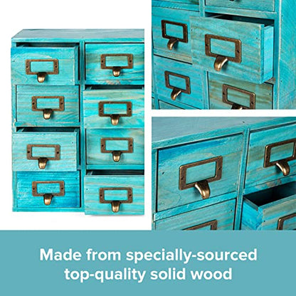 Teal 16-Slot Wooden Drawer Unit - Country Style Desk Organizer Box - 20"x3.6”x14” Wooden Storage Box w/ 16 Drawers - Countertop Drawers w/Label Holder & Handle - Slim 4-Level Desk Organizer - color: 16 Drawer Turquoise Teal
