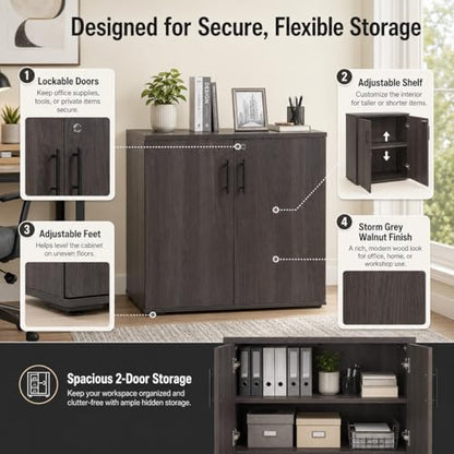MMT Office Storage Cabinet, Lockable, Storm Grey Walnut - color: Storm Grey Walnut