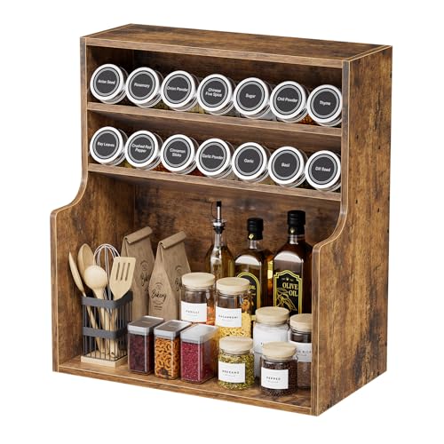 Simple Trending Spice Rack Organizer, 3 Tire Wood Kitchen Counter Spice Rack, Large Counter Seasoning Organizer Storage Shelf for Pantry, Kitchen, 7” W × 14.3” H, Brown