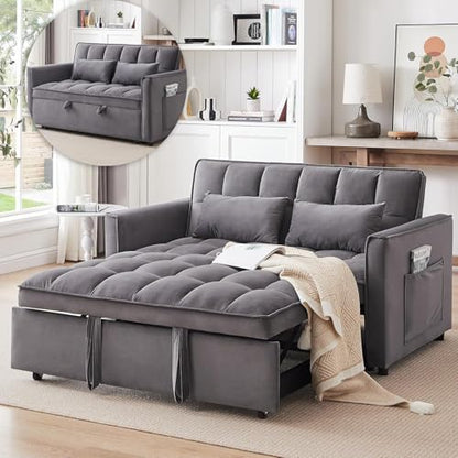 3 In 1 Velvet Convertible Sofa Bed, Pull Out Couch Bed with Reclining Backrest And 2 Pillows, 54" Full Size Loveseat Sleeper Sofa Futon Couch Beds, Couches For Small Spaces, Living Room (Medium Grey) - color: Medium Grey