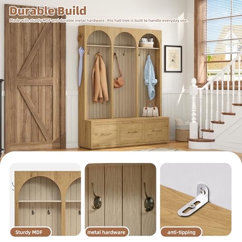 JIVOIT Farmhouse Hall Tree with Three Arched Design, All-in-One Design Wooden Coat Rack & Shoe Organizer with 3 Drawers, 59" Wide Entryway Bench with 8 Retro Hooks for Mudroom, Living Room - color: Oak//538