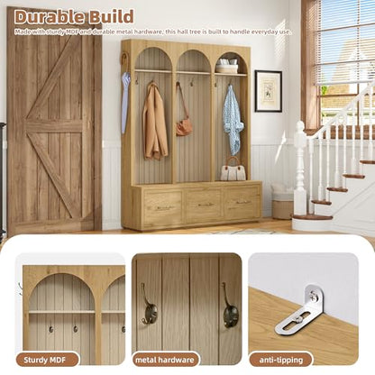 JIVOIT Farmhouse Hall Tree with Three Arched Design, All-in-One Design Wooden Coat Rack & Shoe Organizer with 3 Drawers, 59" Wide Entryway Bench with 8 Retro Hooks for Mudroom, Living Room - color: Oak//538