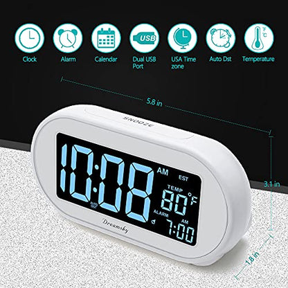 DreamSky Alarm Clocks for Bedrooms, Auto Set Digital Clock with Date & Temp | Electric Desk Clock with Dimmable Brightness Dimmer for Bedside Nightstand, Auto DST, USB Port, Temperature, Snooze - color: White