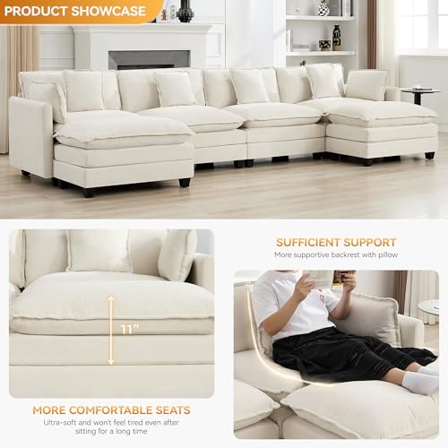 147'' Sectional Cloud Deep Seat Couch, Oversized Chenille U Shaped Sectional Sofa for Living Room Set, Comfy Upholstered Modular Sectional Sofa Couch with 2 Movable Ottoman, Beige - color: Beige, size: 147'' U Shape