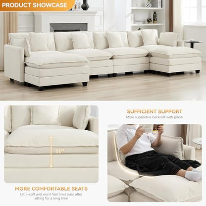 147'' Sectional Cloud Deep Seat Couch, Oversized Chenille U Shaped Sectional Sofa for Living Room Set, Comfy Upholstered Modular Sectional Sofa Couch with 2 Movable Ottoman, Beige - color: Beige, size: 147'' U Shape