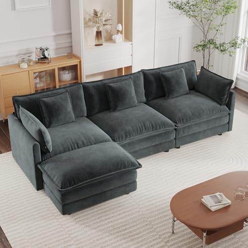 Modular Sectional Sofa, 111.5 Inch L Shaped Couch Set for Living Room, 3-Seater Comfy Cloud Couches with Movable Ottoman, DIY Combination, Chenille, Grey - color: Grey, size: 111.5 Inch- L