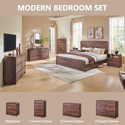 Aitjunz 25" Tall Modern Nightstand with Charging Station, 23.6'' Wide Wood Bedside Table w/3 Storage Drawers, Small Dresser w/Curved Profile Design, End Table for Bedroom, Brown - color: Brown