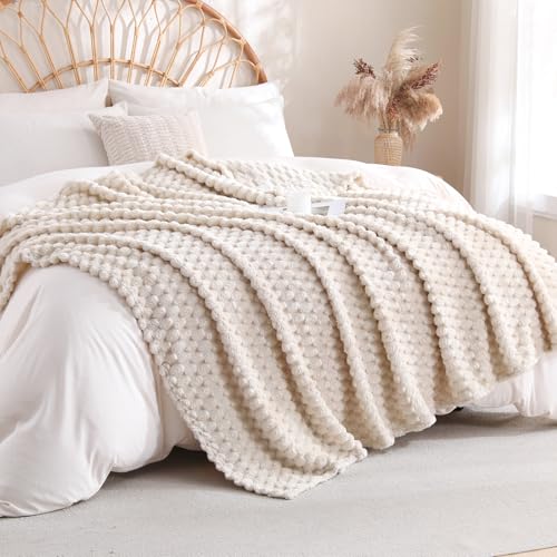 Cream Fleece Throw Blanket 60”×80” for Couch Sofa Bed Super Soft Cozy Plush Microfiber Flannel Blanket with 3D Jacquard Decorative Lightweight for Mom Woman - color: Cream, size: 60×80inch