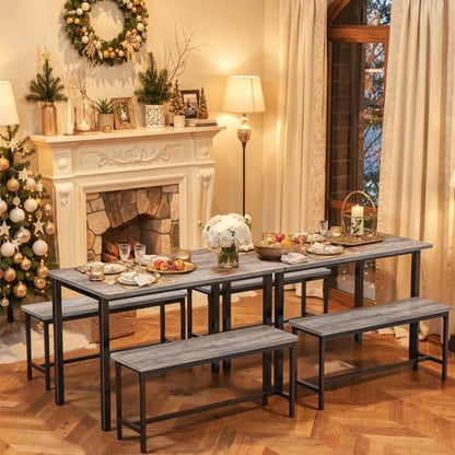 Dining Table Set for 4, Kitchen Table with 2 Benchs, Grey | Modern Functional 3 Piece Space-Saving Dining Room Table Set for Apartment, Breakfast Nook, Small Space - color: Grey