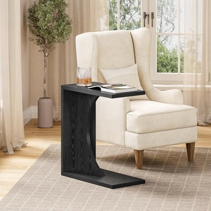 LITTLE TREE C-Shape End Table for Sofa & Bedroom - Small Side Table for Living Room, Over Couch Tray Stand for Laptop, Snacks, Books, Black, 1 Pack - color: Black
