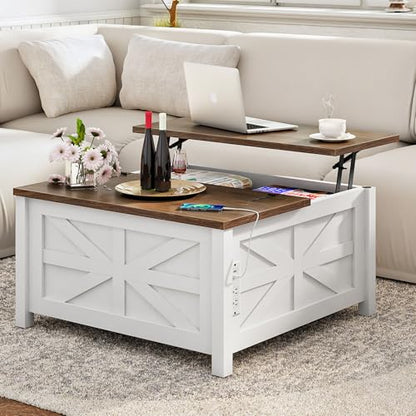 31.5" Lift Top Coffee Table, Farmhouse Coffee Table with Charging Station and Storage, 2 AC Outlets and 2 USB Ports, White and Walnut MKF02UWAN1