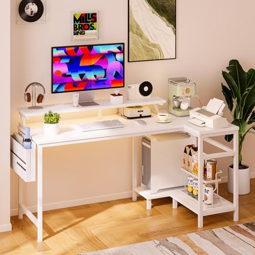 DUMOS 48 Inch L Shaped Computer Gaming Desk with Storage Shelves, White - color: White, size: 48-IN