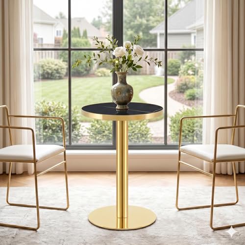 TesNus 23.6" Small Round Dining Table for 2, Circle Tulip Table, Faux Marble Top with Gold Metal Pedestal Base, Modern Leisure Coffee Table for Small Spaces, Cafe, Office, Black&Gold - color: Black Top&gold Base