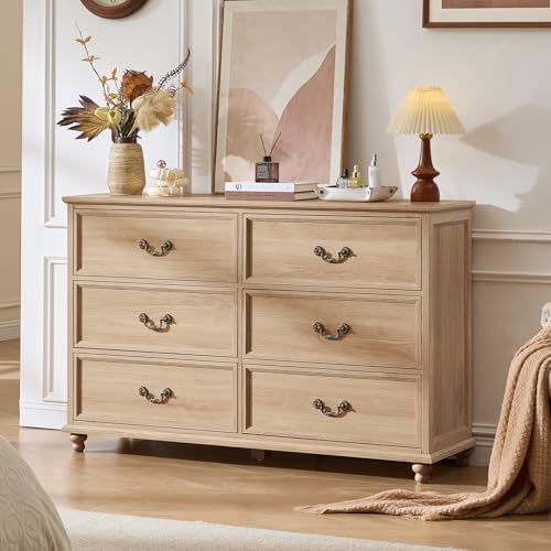 Joaxswe Farmhouse 6 Drawers Dresser for Bedroom, Vintage 54" Wide Chest of Drawers w/ 4 Wooden Legs, Rustic Large Closet Storage Dressers Organizer for Hallway, Wood TV Stand for Living Room, Natural - color: Natural, size: 15.7"D x 54"W x 34.6"H (6 Drawe