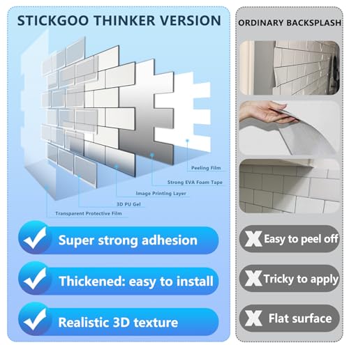 STICKGOO Subway Tile Peel and Stick Backsplash, Thicker Design 12" x 12" Stick on Backsplash Tiles for Kitchen, Bathroom, Wall Tile (10 Sheets, Warm White with Grey Grout) - color: Warm White With Grey Grout