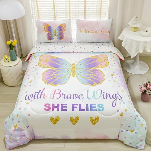Cokouchyi Twin Size Comforter Set for Girls, 5-Piece Bed in a Bag, 3D Colorful Butterfly Bedding Comforter Sheet Set, Ultra Soft and Fluffy, Pink & Rainbow Color - color: Butterfly 5-piece, size: Twin