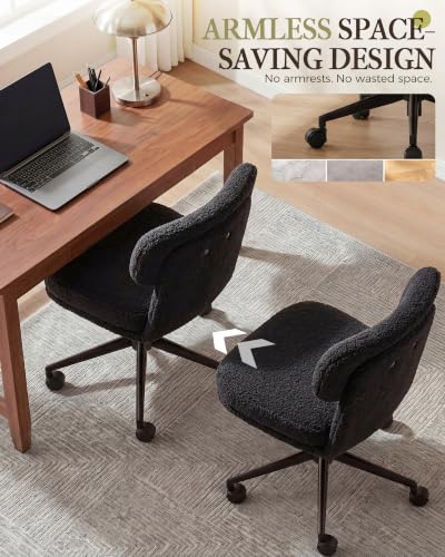 COMHOMA Vanity Chair with Ergonomic Curved Backrest, Home Office Desk Chair with Silent Wheel, Wide Seating Computer Chair for Girls Women Bedroom, Soft Teddy Fabric, Black - color: Black, Teddy Fleece