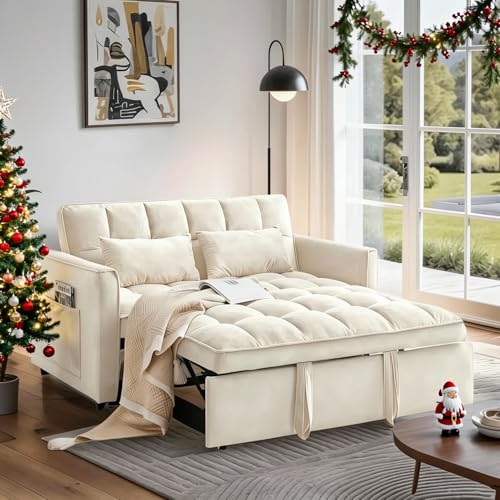 Convertible Sofa Bed, Pull Out Couch with Side Pockets, 3 in 1 Velvet Fabric Loveseat Sleeper Sofa Bed, Pull Out Couch with Adjustable Backrest for Living Room, Bedroom, Apartment, White