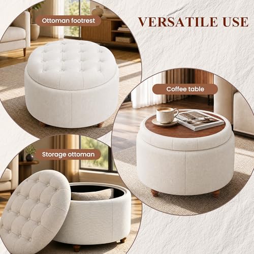 25" Round Ottoman with Storage, Small Coffee Table with Reversible Tray Lid | Tufted Fabric Round Storage Ottoman with Solid Wood Legs, 3-in-1 Footrest for Living Room, Bedroom, Entryway, Camel - color: Camel