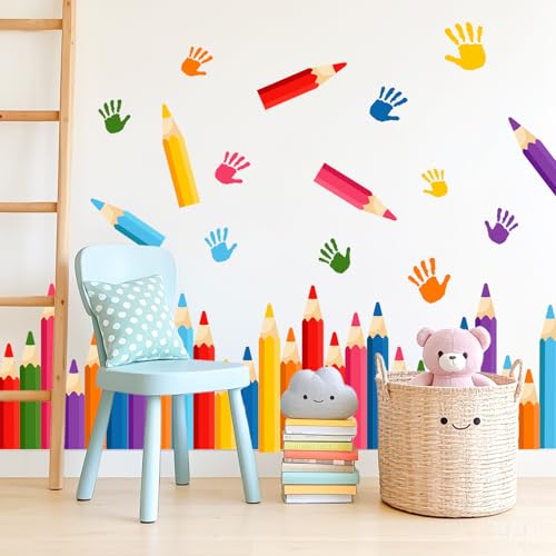 Colorful Pencils Wall Decals - 9 Sheets 47 Pcs Colored Handprint Pencil Wall Stickers Educational Peel and Stick Wall Decor for Back to School Classroom Playroom Living Room Nursery - color: Pencil Handprints