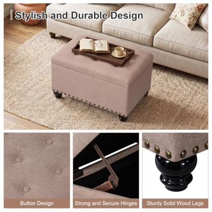 Ottoman with Storage, Fabric Ottoman Foot Rest 24" Rectangle Tufted Foot Stools Ottomans with Hinged Lid Upholstered Button Ottomans for Bedroom Living Room Entryway, Taupe - color: A-taupe