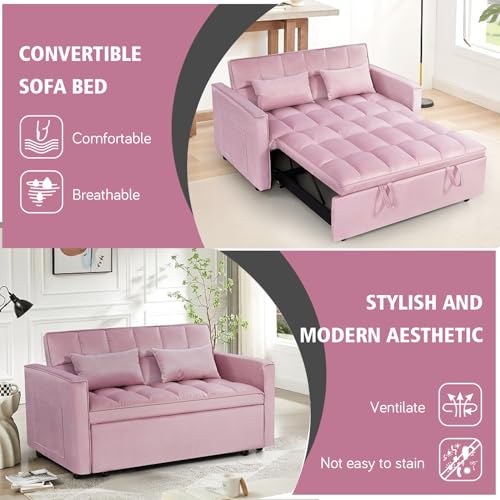 3 In 1 Velvet Convertible Sofa Bed, Pull Out Couch Bed with Reclining Backrest And 2 Pillows, 54" Full Size Loveseat Sleeper Sofa Futon Couch Beds, Couches For Small Spaces, Living Room (Pink) - color: Pink