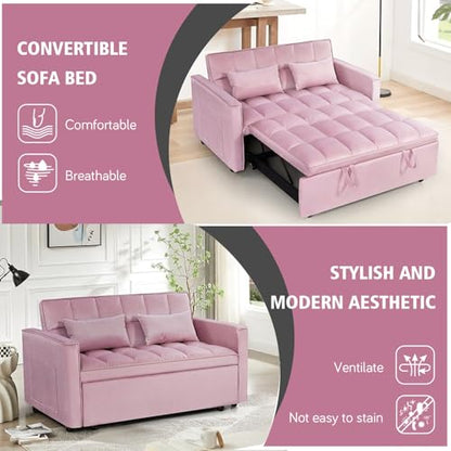3 In 1 Velvet Convertible Sofa Bed, Pull Out Couch Bed with Reclining Backrest And 2 Pillows, 54" Full Size Loveseat Sleeper Sofa Futon Couch Beds, Couches For Small Spaces, Living Room (Pink) - color: Pink