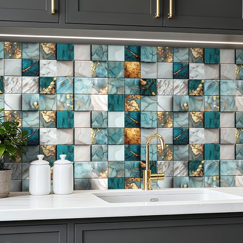 ReWallpaper Teal Gold Marble Backsplash Wallpaper Peel and Stick Kitchen Wallpaper Waterproof Vinyl Wall Covering Removable Contact Paper for Stove Wall Bathroom Backsplash Laundry Room 17.5in x 10ft - size: 17.5in x 10ft