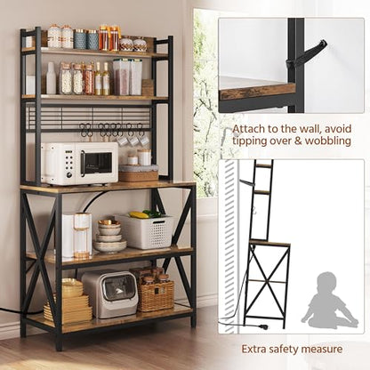 Yaheetech 5-Tier Bakers Rack with Power Outlet & LED Lights,Rustic Brown | 64 Inches Tall Microwave Oven Stand with Storage for Spices,Pots,Engineered Wood and Metal shelves,Coffee Bar Table - color: Rustic Brown