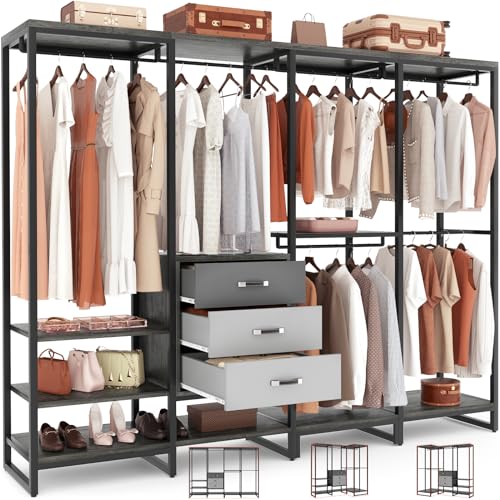 Aheaplus Wood Clothes Rack Wardrobe Organizer for Hanging Clothes, Heavy Duty Garment Rack, Large Corner L Shaped Closet System with 3 Wood Drawers, White and Grey - color: Black Oak