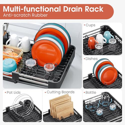 TOOLF Expandable Dish Drying Rack with Cutlery Holder, Standard, Black | Stainless Steel &PP, Extenable 12.6"-18.7"D, Anti-Rust, Auto-Drainage, Space-Saving, Fit for RV, Apartment Sink Countertop - color: Black