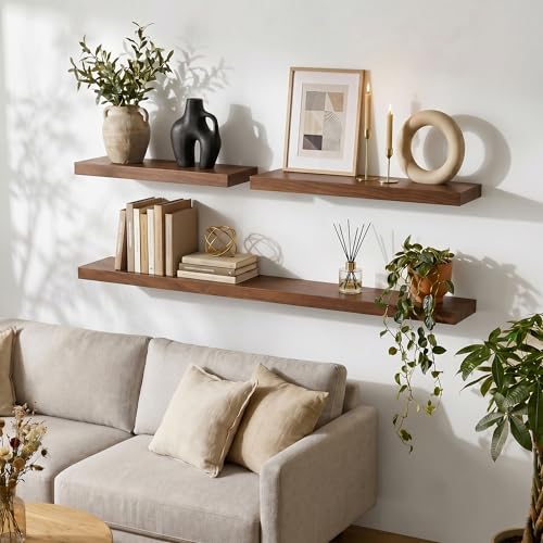 fuqing 20 Inch Floating Shelves 6.7'' Deep Dark Wood Wall Shelves Set of 2 | 20'' x 6.7'' x 1.4'' Rustic Wood Shelves for Bathroom, Living Room, 35LBS, Lightweight, Hardware Included, Waterproof Finish - color: Walnut, size: 20 Inch