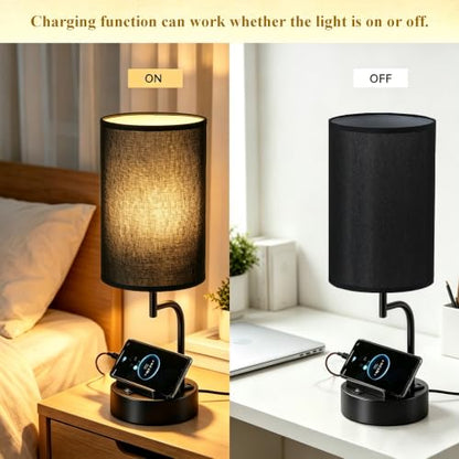 Dreamholder 2 Pack Table Lamp, Bedside Lamp with 3 USB Charging Ports & AC Outlet, USB Desk Lamp with 2 Phone Holders, Linen Fabric Shade Nightstand Lamps for Bedroom Living Room Office, Black Shade - color: Black Shade