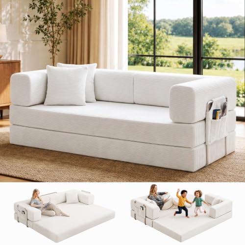 GEARIVY Folding Sofa Bed Convertable Corduroy Couch King Size Floor Sleeper 4-in-1 DIY Combination Modular Sofa Fold Out Futon Lounge Comfy Foldable Lazy cama for Living Room - color: White, size: 72.44 inch sofa