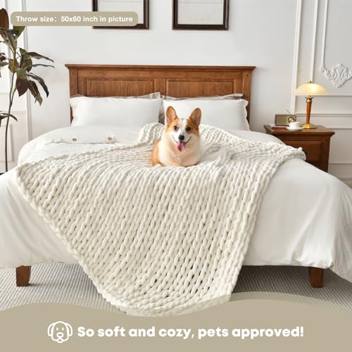 Soft Chunky Knit Blanket, 60X80 in Handmade Thick Chenille Yarn Throw Without Shedding & Raveling, Aesthetic & Cozy Home Decor with Couch Sofa Bed, Gift Pack, Ivory White - color: Ivory White, size: 60x80 inches