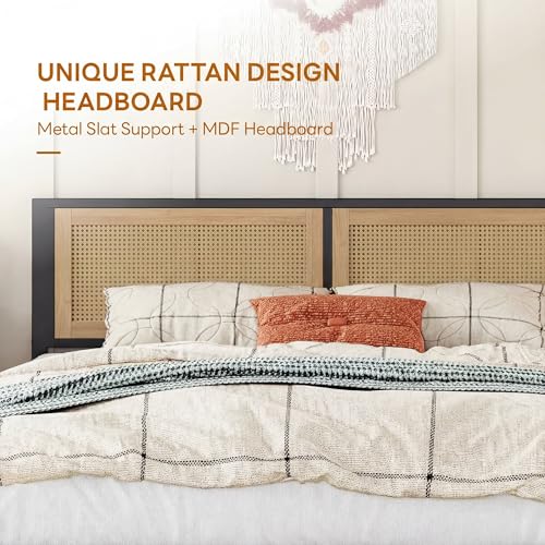 LIKIMIO Queen Rattan Bed Frame with Headboard, Boho Metal Platform Bed | Rattan headboard, 900 lb support, metal slats, EVA pads, 9.8-inch underbed clearance, no box spring needed. - size: Queen
