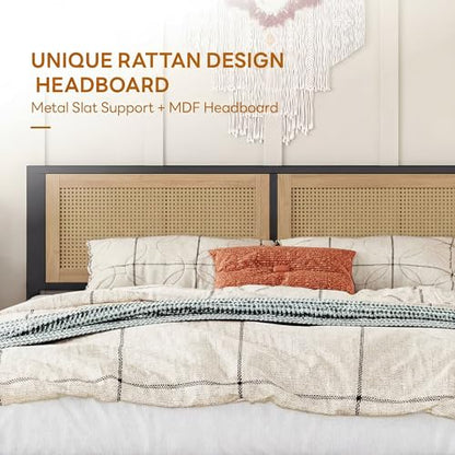 LIKIMIO Queen Rattan Bed Frame with Headboard, Boho Metal Platform Bed | Rattan headboard, 900 lb support, metal slats, EVA pads, 9.8-inch underbed clearance, no box spring needed. - size: Queen
