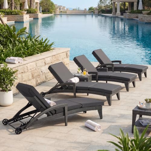 Patio Chaise Lounge Set of 4, Wicker Lounge Chairs Outdoor with Wheels, Heavy Duty Lounger Chair Outdoor, Wicker Chaise Lounges, All Weather, Solid Grey - color: Solid Grey, size: 4 pack