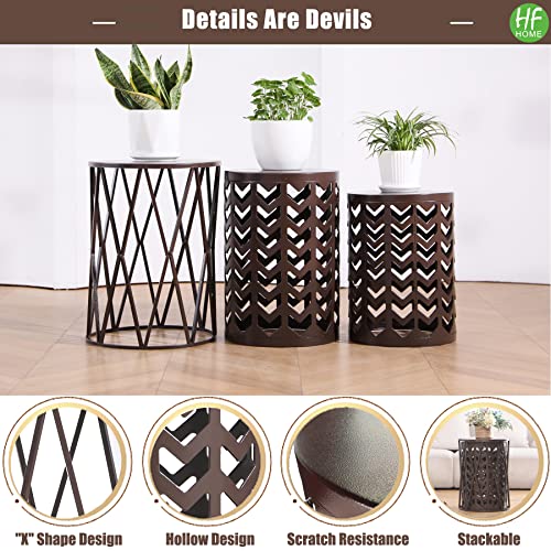HFHOME Round Nesting Coffee Tables, Set of 3 End Tables for Living Room Balcony Office, Heavy Duty Metal Stacking Side Tables for Home Indoor - Brown - color: Classic Brown