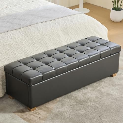 60.2" Storage Ottoman Bench for Bedroom Bed End,Grey PU Leather Bench with Seating,Button Tufted Ottomans with Storage for Living Room,Bedside,Entryway (PU Grey, 60.2") - color: Pu Grey, size: 60.2"